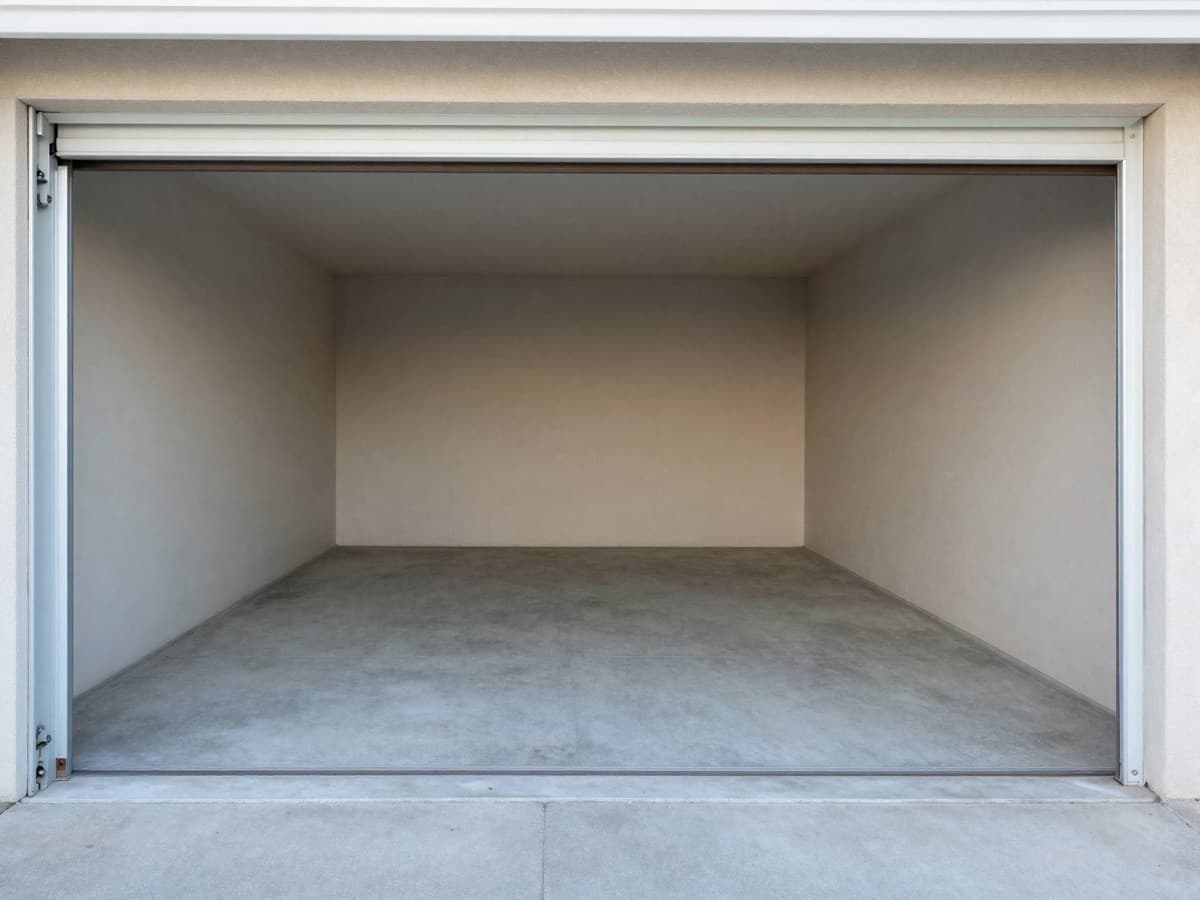 The same garage completely emptied, with bare swept concrete floor.