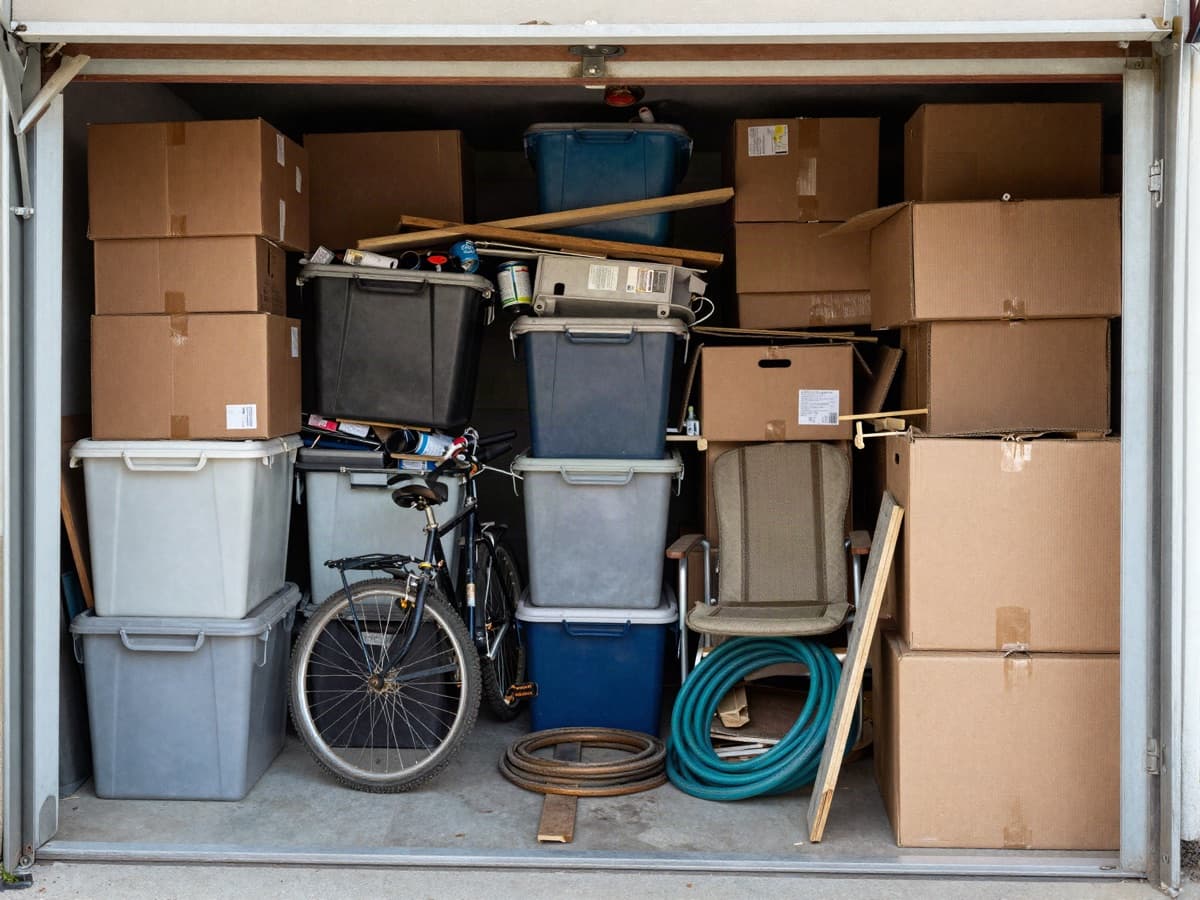 A two-car garage packed with boxes, storage totes, a bicycle, and clutter.