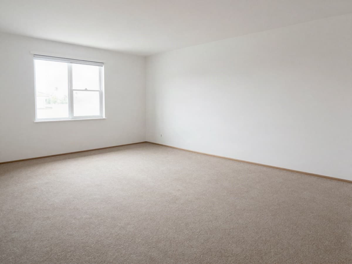 The same living room emptied and clean, with bare vacuumed carpet.
