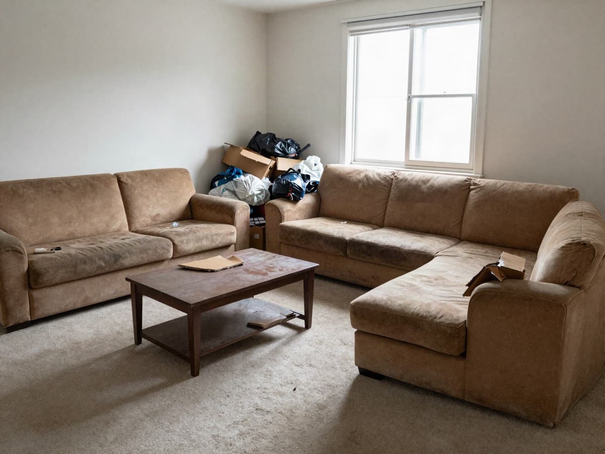 A rental living room with a worn sofa, broken coffee table, boxes, and bags of trash.