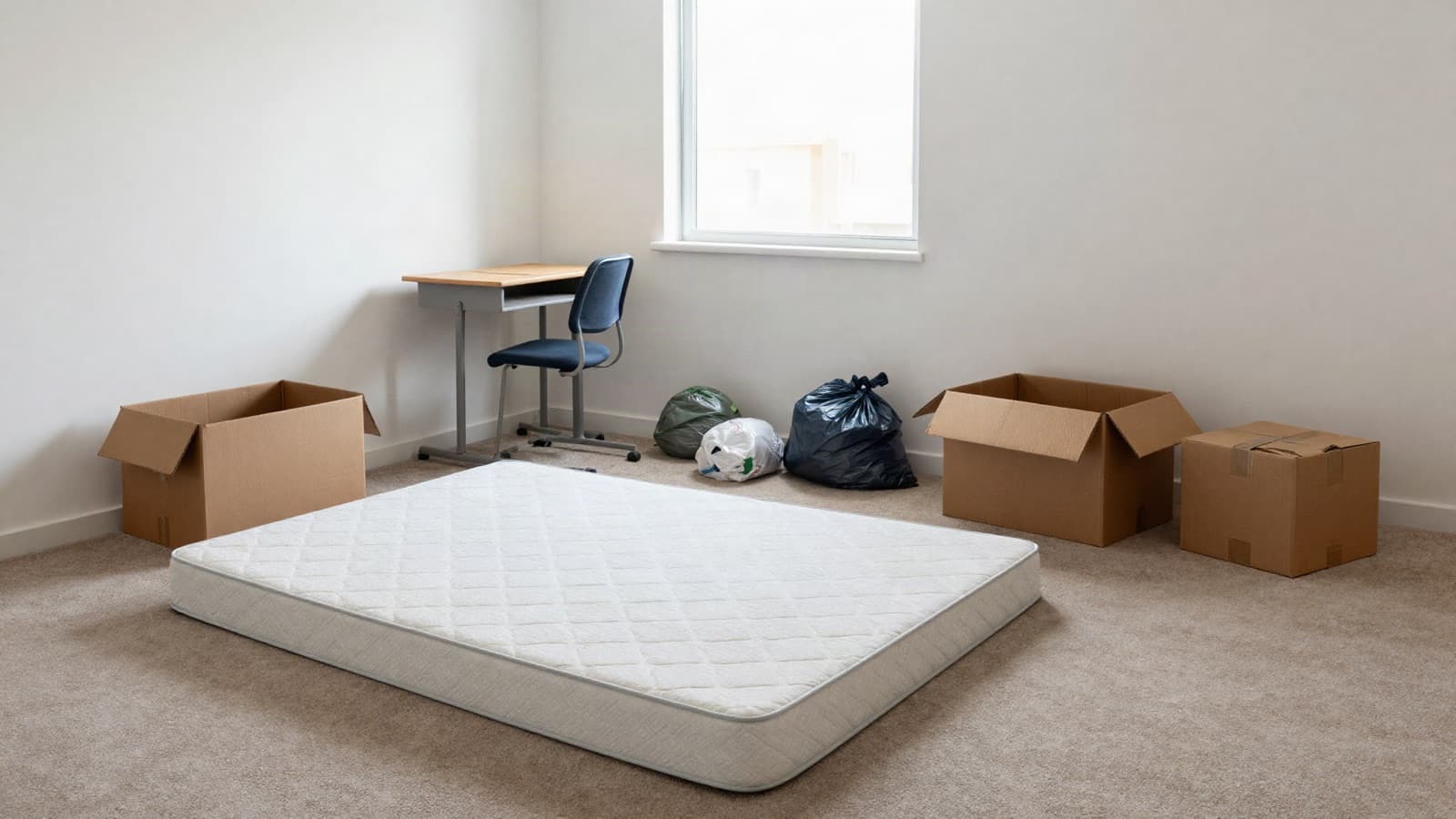 A student apartment bedroom after move-out with a bare mattress, boxes, and trash bags left behind.