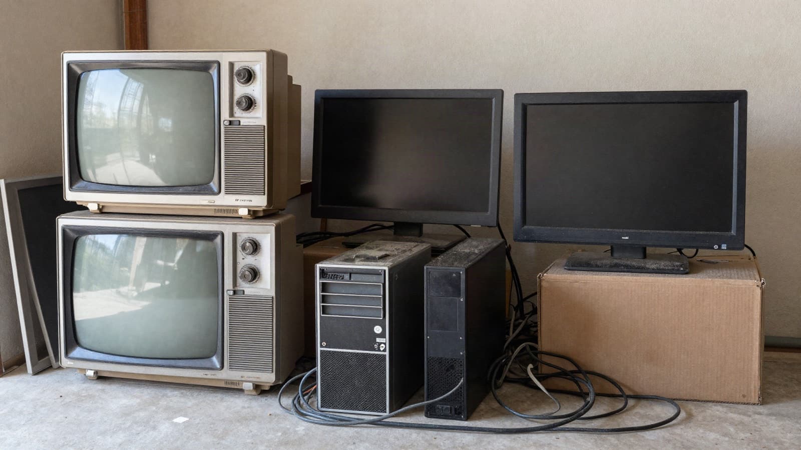An old tube television, monitors, and a computer tower stacked in a garage for disposal.