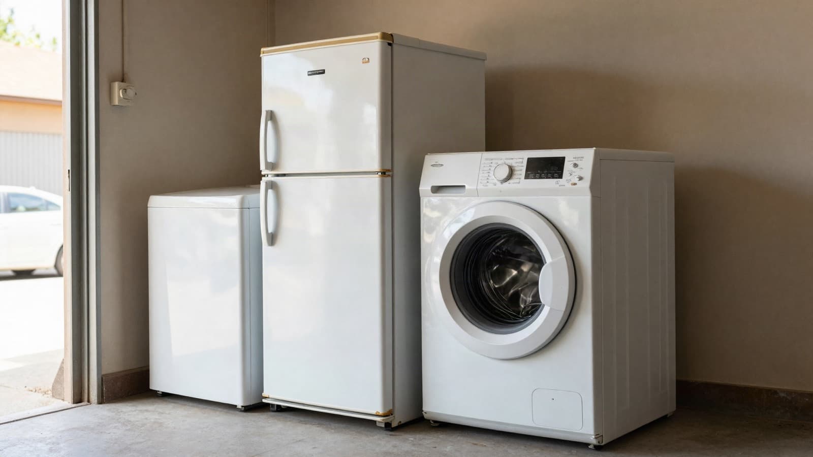 An old refrigerator and washing machine unplugged in a garage, ready to be hauled off.
