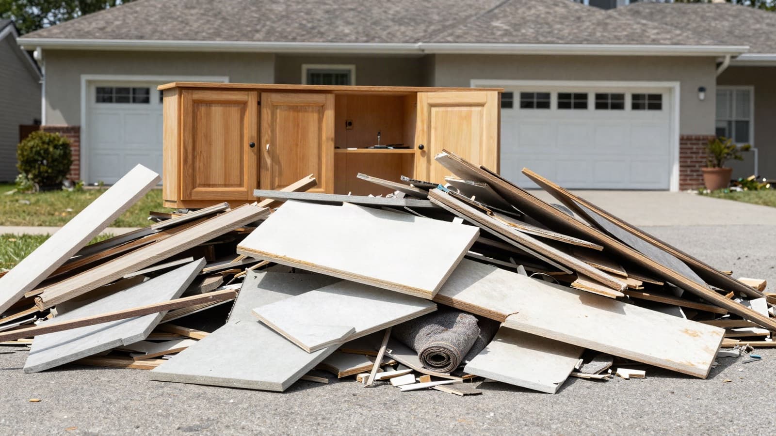 A driveway pile of remodel debris: torn-out cabinets, broken drywall, and scrap lumber.