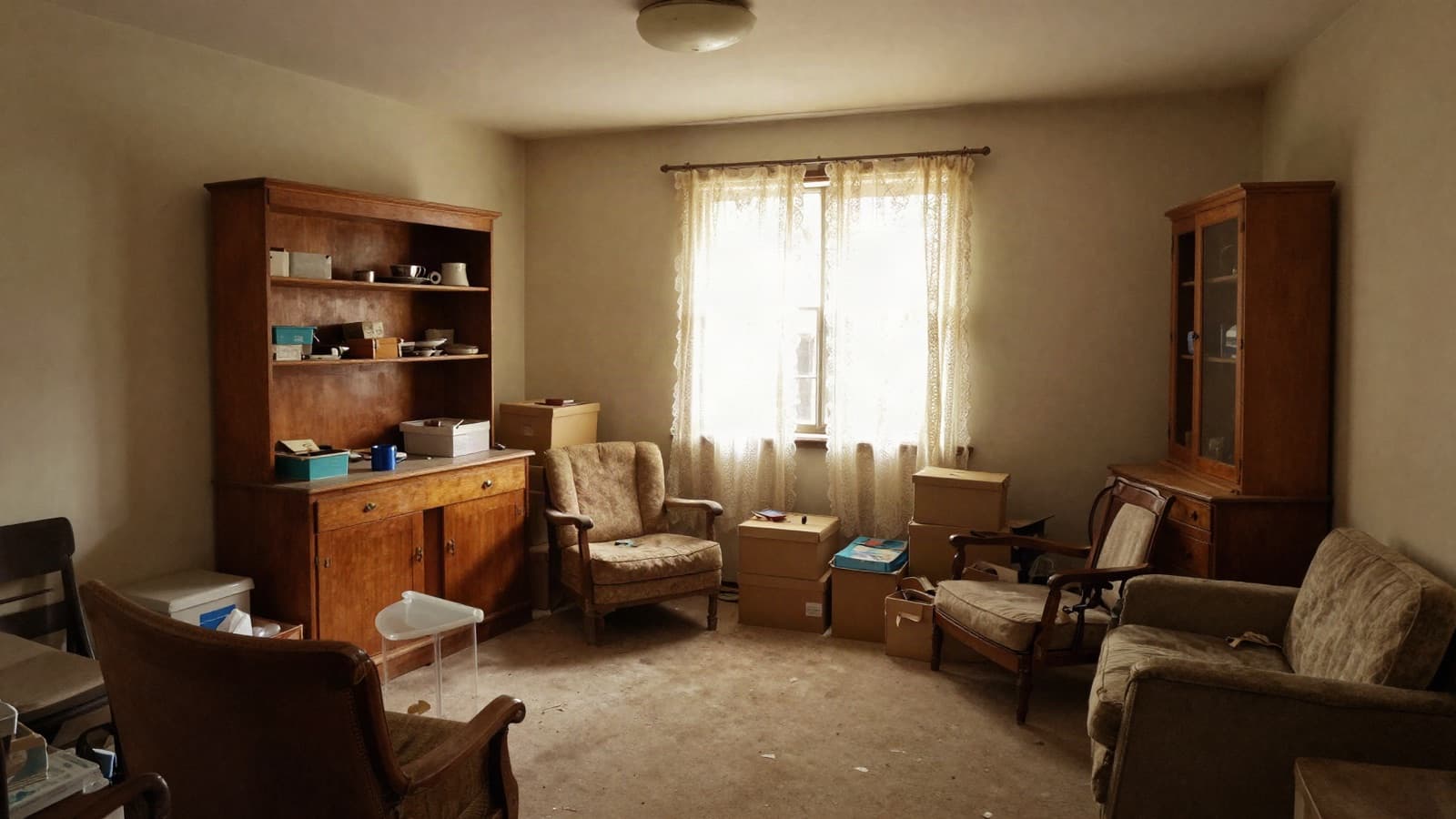 The inside of an older home being cleared, with dated furniture and stacked boxes.