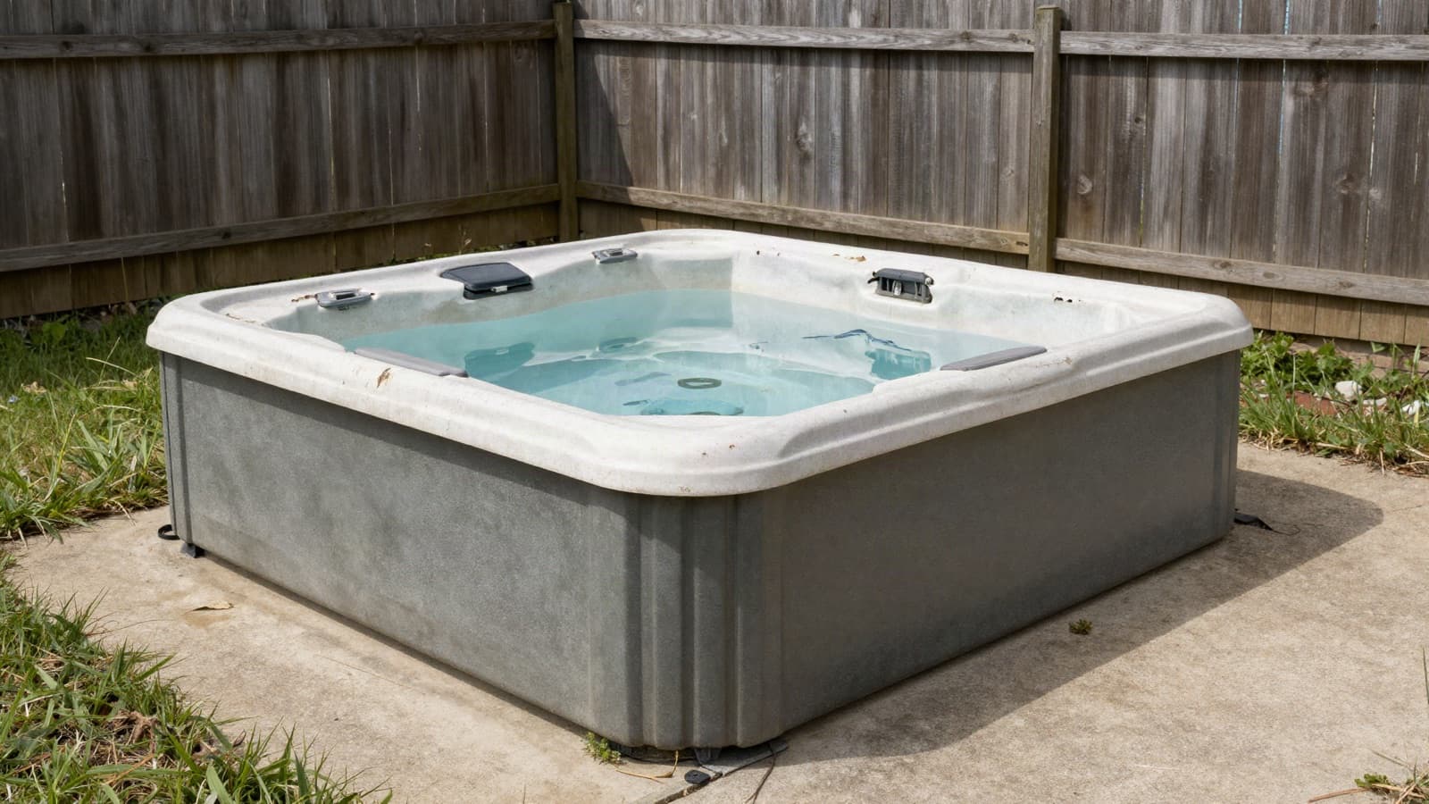 An old weathered hot tub with a cracked cover sitting unused on a backyard patio.
