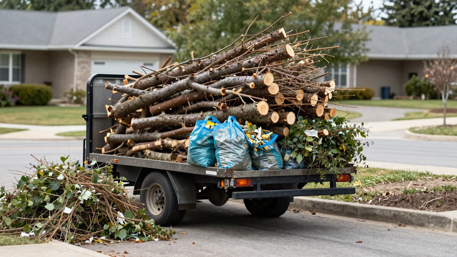 A utility trailer loaded with tree limbs and bagged yard clippings beside a brush pile.