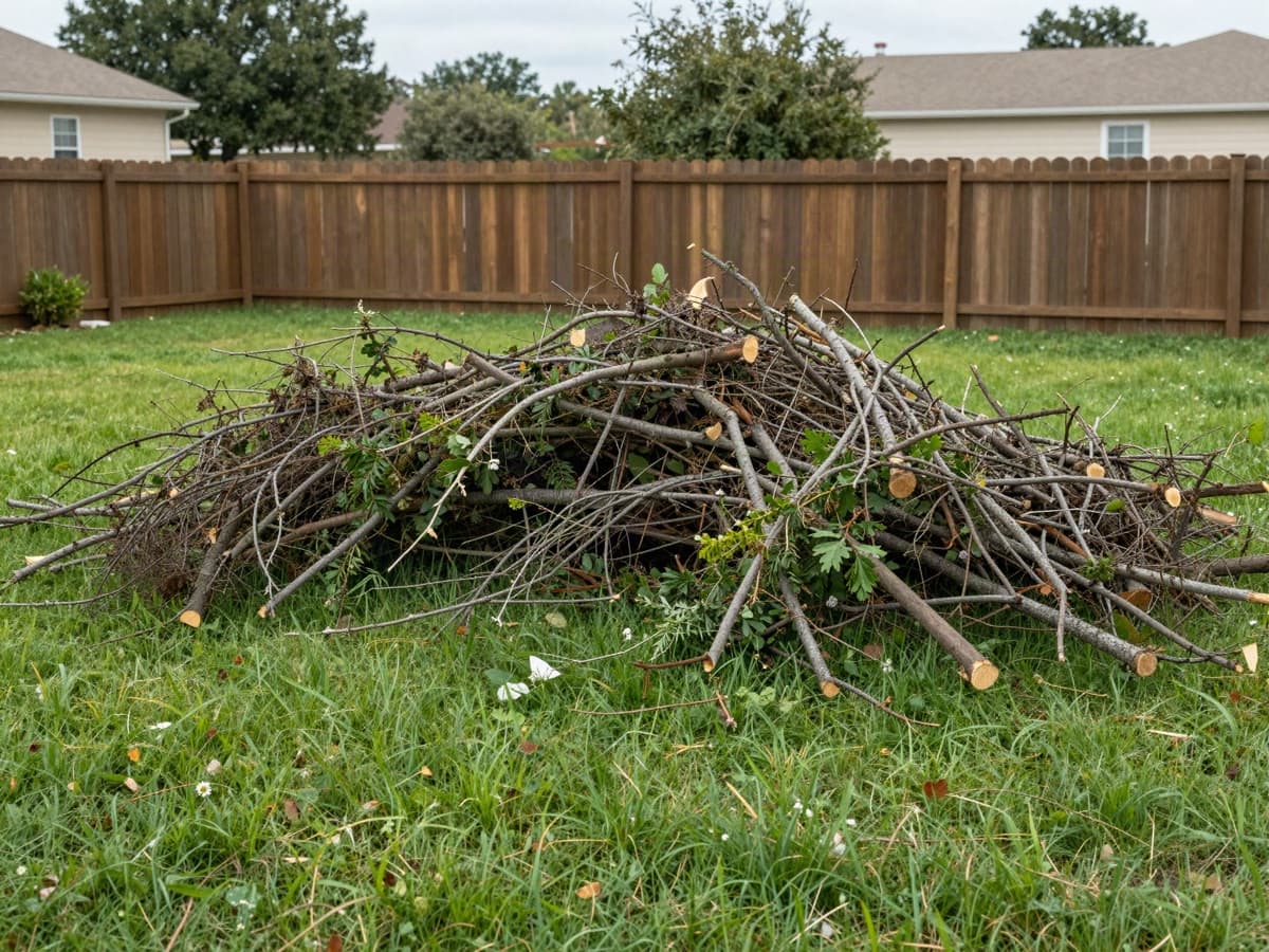 A large pile of cut tree branches and brush heaped on a backyard lawn after a storm.
