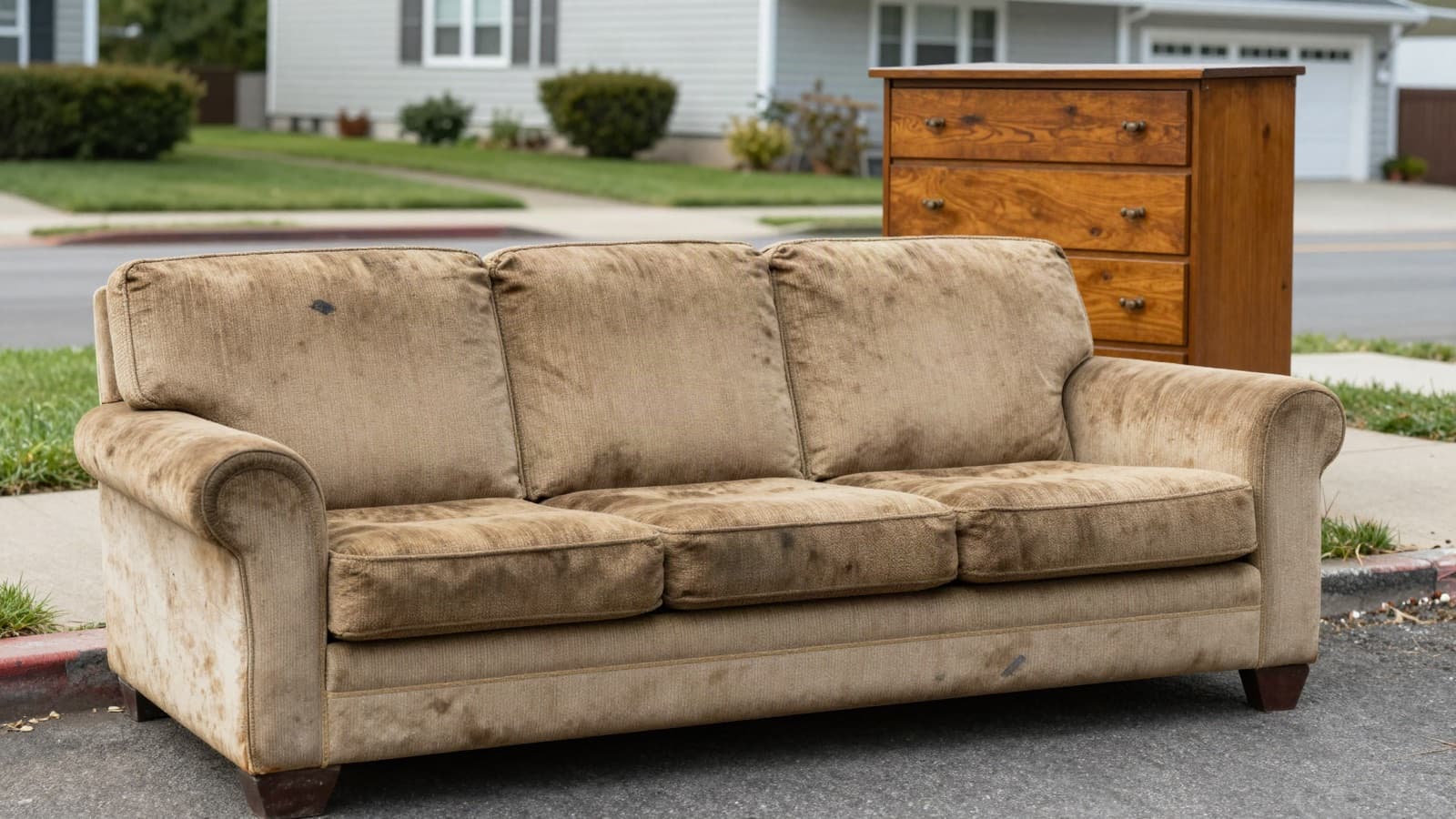 A worn three-seat sofa and a wooden dresser set out on a residential curb for pickup.