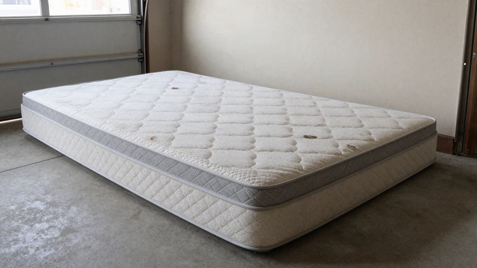 A used queen mattress and box spring leaning against a garage wall, ready for removal.